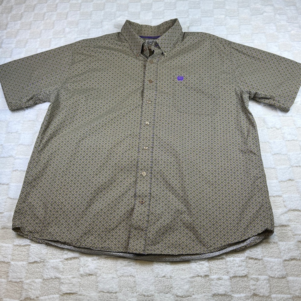 Cinch Mens Large Tan Purple Geometric Short Sleeve Button Down Western Shirt